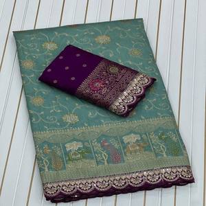 Sari en soie Dola VASTRA COTTAGE, tissage Meenakari Zari, pallu brodé, bordure en cordon avec travail de séquence, avec blouse contrastée - Product Image 6