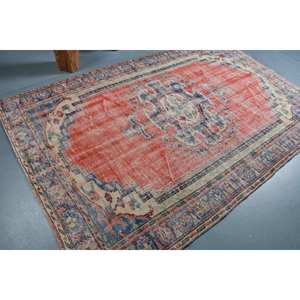 Alfombra turca vintage diseño de retazos rojo azul área grande 9x12 látex de lana para entrada pasillo rectángulo 5,6x8,4 pies Estilo Vintage - Product Image 2