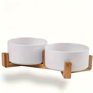 FT05 Raised Double Ceramic Cat Feeding <b>Bowls</b> with Bamboo Stand Easy Clean Indoor Design - Product Image 4