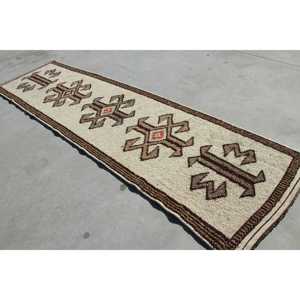 Vintage <b>Runner</b> <b>Rug</b> 3x11 ft (91x336 cm), Herki Brown Polka dot Turkish <b>Rug</b> - Product Image 4