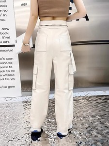 Femmes automne décontracté Streetwear pantalon Cargo droit en cuir véritable coupe ample avec poches à sangle taille moyenne toile tissu - Product Image 4