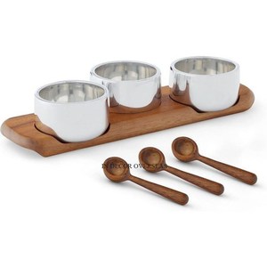 Silver Shiny Polished Stainless Steel Round Shape Dry <b>Fruits</b> And Nuts Food Serving <b>Bowls</b> With <b>Wooden</b> Tray And Spoon Kitchenware - Product Image 1