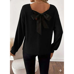 Blusa Corsé de Manga Larga con Cuello en V y Detalle de Lazo en la Espalda para Mujer, 30306 - Negro - Product Image 2