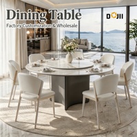 Table à manger en pierre frittée à coins arrondis + Base de piédestal en chrome miroir à quatre feuilles + Chaises à pieds dorés rembourrées