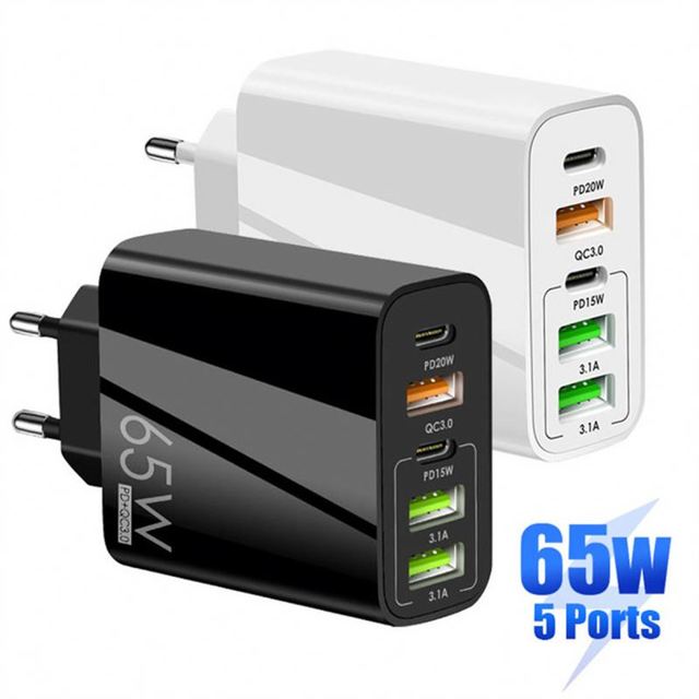 Universal 65W 5 USB Port Fast Wall Socket With UK EU US Plug 2C 3U QC3.0 PD20W Type C Wall Charger