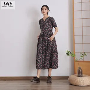 Abiti larghi casuali floreali in cotone stampato estivo senza maniche abiti Midi Boho personalizzati Plus Size abbigliamento abito in lino