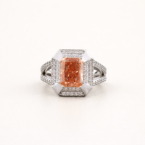 IGI Certified Radiant Cut Orange Lab Grown Diamond Halo Engagement <b>Ring</b> with <b>Split</b> Pavé Shank in 9K White / Rose & Yellow Gold - Product Image 1