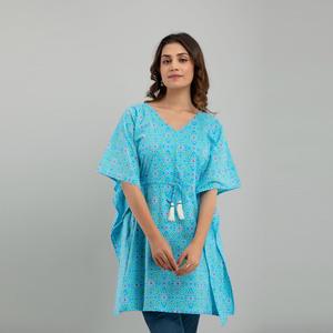Vestido Kaftan de Algodón con Estampado Bandhani Azul Claro, Elegante, Casual, Hasta la Rodilla, Alta Calidad, ODM, para Usar en el Día, Club o Noche - SHKUP1233 - Product Image 2