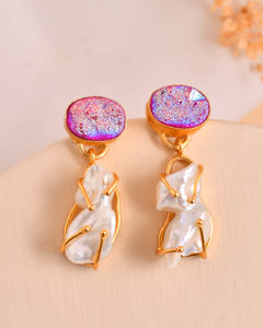 Nouvelle Arrivée En Gros Naturel Titane Druzy Et Perle D'eau Douce Pierre En Vrac Minimaliste De Luxe Bijoux Femmes Rose Boucles D'oreilles - Product Image 2