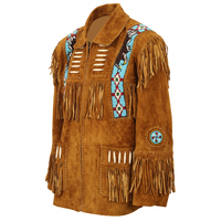 Chaqueta de cuero occidental tradicional marrón para hombre abrigo con cuentas de flecos chaqueta de cuero de ante de vaca original cierre de cremallera