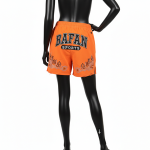 Shorts cortavientos para mujer, tela de nailon premium, color naranja sólido, parche bordado de chenilla, pedrería, shorts personalizados para mujer - Product Image 6