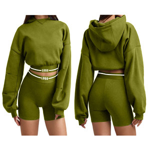 Ensemble 2 pièces haut de gamme ensemble de shorts à capuche surdimensionnés à épaules tombantes meilleurs ensembles pour femmes vierges à motif solide exigeant - Product Image 1
