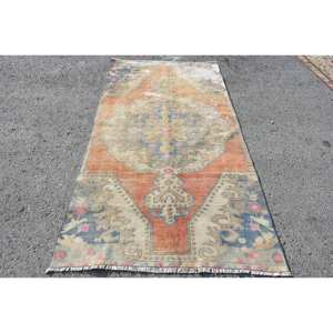 Alfombra clásica de retazos naranja y azul de 3,6x6,7 pies, alfombra de lana viscosa turca para sala de estar, forma de pasillo rectangular con respaldo de látex - Product Image 1