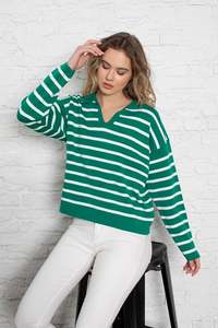 Women's Long Sleeve Polo Collar Striped European American Soft Comfortable Knit Sweater Casual Office Autumn Winter Wholesale - Product Image 5
