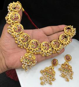 Designer Antique Polish Premium Quality Brass Metal Stone <b>Necklace</b> Set Earrings for Women Gold Plated Jewelry for Wedding - Product Image 2