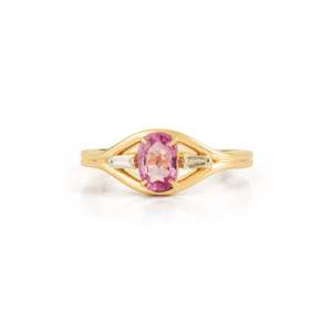 Anillo de oro de 14 quilates con zafiro rosa natural, anillo de diamantes de corte ovalado, anillo de compromiso de oro amarillo con diamantes baguette cónicos - Product Image 1