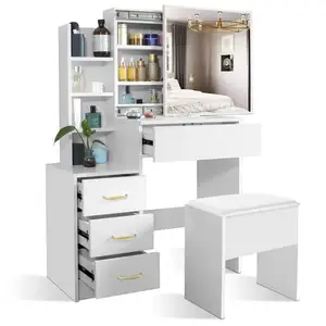 Quarto Meninas Maquiagem Make-Up Desk De Madeira Vestir Vanity Table Set Com Deslizante Espelho E Prateleiras