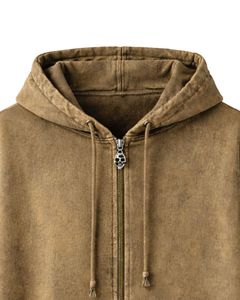 Sudadera con Capucha Gótica Personalizada con Lavado Ácido Marrón, Estampado de Cabra Diabólica en la Espalda, Felpa Gruesa, Estilo Urbano, Sudadera con Cremallera, Estilo Vintage Personalizado - Product Image 4