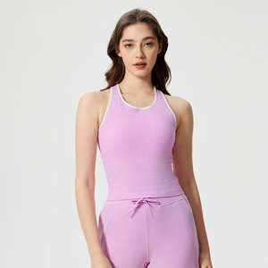 Débardeur de gymnastique rembourré sans manches à contraste de couleur pour femmes vente en gros nouveau printemps coupe ajustée côtelé sans couture hauts de yoga fitness - Product Image 6
