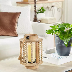 เชิงเทียนโลหะสไตล์โคมไฟโบราณ ทำจากไม้ธรรมชาติ พร้อมเชือกประดับลูกปัด ทนทาน เป็นมิตรกับสิ่งแวดล้อม ชุดตกแต่งบ้านสำหรับงานแต่งงาน - Product Image 3