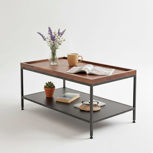Industrial-Style Two-Tiered <b>Sofa</b> <b>Table</b> 100x60x47cm Acacia Wood with Iron Frame Farmhouse Living Room Furniture-TT68148 - Product Image 1