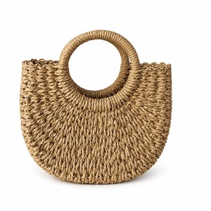 Sac de plage rond en paille tressé fait main pour femme, sac seau lune, sac fourre-tout d'été pour les vacances, sac à bandoulière - Product Image 1