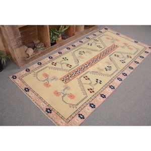 Alfombra Turca de 3.6x7.2 pies, Alfombra Vintage, Alfombra Oriental de Lana Amarilla y Azul - Product Image 4