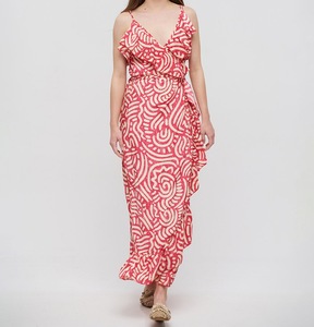 Robe longue rose élégante pour femme, taille unique ajustable, sans manches, à motifs, avec nœud écologique - Product Image 2