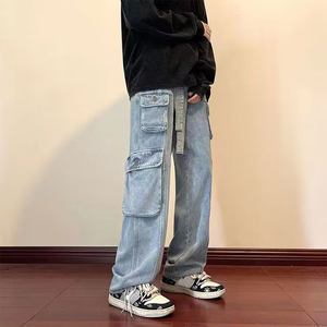 2025 Spring Summer Cargo <b>Men's</b> Large Size Straight Leg <b>Jeans</b> Coated Multi-Pocket Casual Pants Waist Trendy Street Loose Fit - Product Image 2