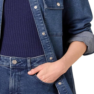 New Style Women's Blue Denim <b>Jacket</b> with Solid Pattern Turn-Down Collar Woven Fabric Button Closure Long Length Pockets - Product Image 3