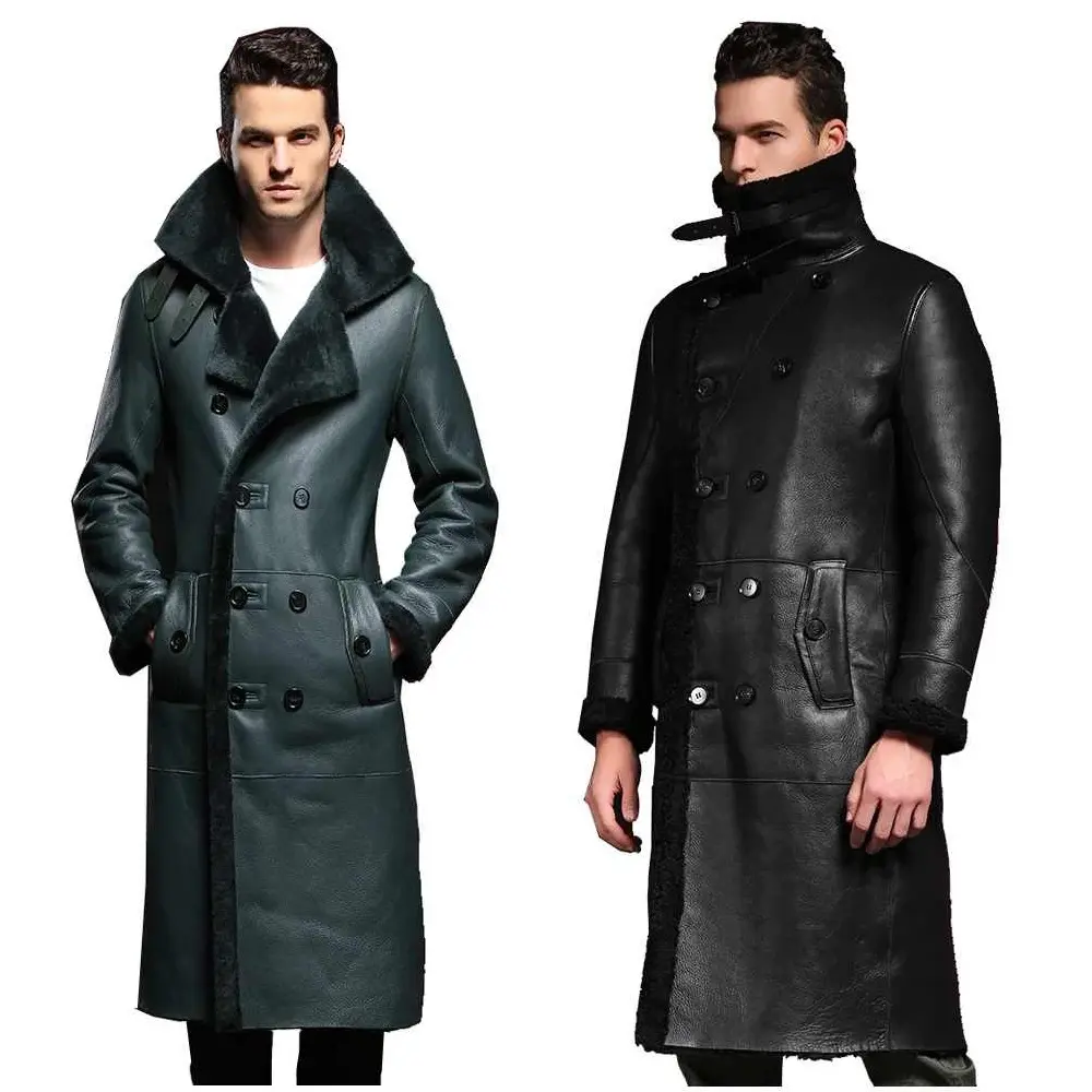 Manteau Long en cuir véritable pour homme, doublure en fourrure marron noir blanc, bombardier fait à la main, Original en peau de mouton, manteau de pilote en cuir pour homme