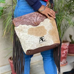 Cheveux usinés à la main sur la peau fourrure cuir frange sac à main femmes élégantes marron outillage cuir sac à bandoulière grande taille sacs à bandoulière