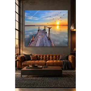 Impression sur toile de l'embouchure du quai Fida s'étendant sur le lac au coucher du soleil avec des oiseaux - Product Image 1