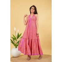 Robe longue d'été Lavinas pour femme, style vintage, en soie tissée, lavable, coupe trapèze, dos nu, col licou, taille élastique, imprimé floral, idéale pour les fêtes