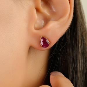 Precious Gemstone 100% Authentic Pear Shape <b>Ruby</b> Single Stone Stud Earrings Valentine's Day Gift 14K Real Yellow Gold Jewelry - Product Image 2
