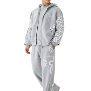 Nueva llegada: Conjuntos deportivos con cremallera en gris jaspeado con estampado Puff, 100% algodón, ropa informal para invierno, mejores precios, conjunto deportivo con estampado Puff. - Product Image 1