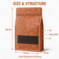 Sachets en papier kraft personnalisés imprimés, à fond plat, scellés sur 8 côtés avec fenêtre et fermeture éclair refermable pour café, noix, fruits secs, aliments pour animaux de compagnie