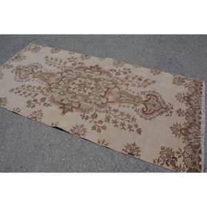 Alfombra turca vintage clásica beige marrón 3,9x8,5 pies de lana de retazos de área grande con respaldo de látex para pasillo o dormitorio - Product Image 4