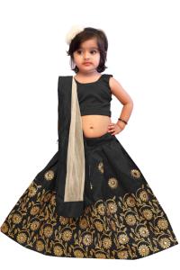 Shoryam - Lehenga Choli Tradicional de Seda Negra para Niñas, Largo hasta el Suelo, para Fiestas, Bodas, Festivales, con Bordado de Flores Doradas, Estilo Étnico Indio - Product Image 2