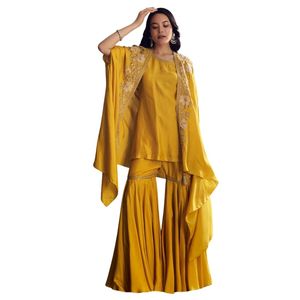 Vestito Sharara di seta gialla con mantello Zari ricamato per le donne indiano festa di nozze e vestito tradizionale festivo - Product Image 3