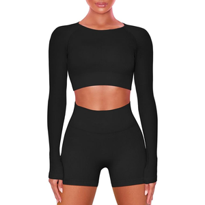 Tenues Shorts Ensembles d'entraînement pour femmes 2 pièces sans couture côtelé Crop Tank taille haute Shorts Tenues de yoga - Product Image 2