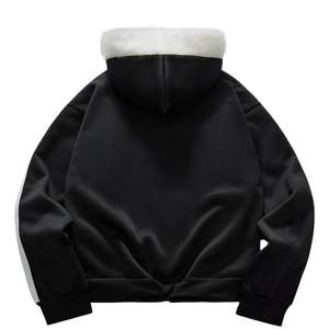 Men's <b>Black</b> Faux Fur Lined <b>Zip</b> Up <b>Hoodie</b> Oversized Streetwear Sweatshirt with Pocket for Autumn Winter - Product Image 2