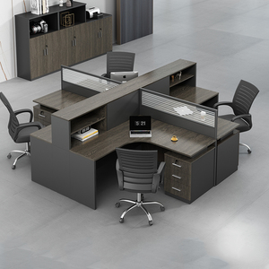 Poste de travail de bureau ergonomique moderne, bureau modulaire pour 4 personnes, bureau en stratifié bois avec cloison en verre - Product Image 3