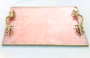 Hermosa bandeja de servicio de piedra de ágata Rosa Nuevo estilo Forma de rectángulo Borde dorado con mango de latón Borde dorado - Product Image 4