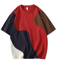 T-shirt surdimensionné à blocs de couleur personnalisé pour homme, rouge, marine, marron, streetwear décontracté, coton, manches courtes, haut d'été, mode, coupe ample - Product Image 1