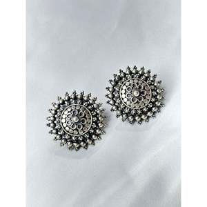 Vintage 925 Silver Oxidized Stud <b>Earrings</b> with Trendy Flower Pattern <b>Cute</b> Diamond and Pearl Inlaid with Classic Bezel Setting - Product Image 1