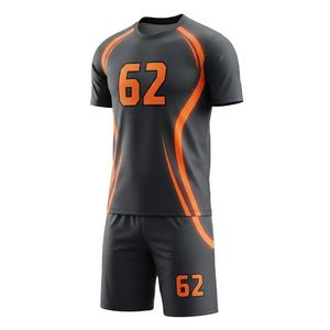 Ensemble de maillot de football gris foncé personnalisé avec imprimé rayures orange, uniforme de football sublimé, kit d'entraînement d'équipe, tenue de sport pour hommes - Product Image 1
