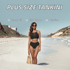Women's Black Halter Bikini <b>Set</b> High Waist <b>Mesh</b> Detail Spandex Polyester Swimwear <b>Two</b> <b>Piece</b> Tankini Style - Product Image 6