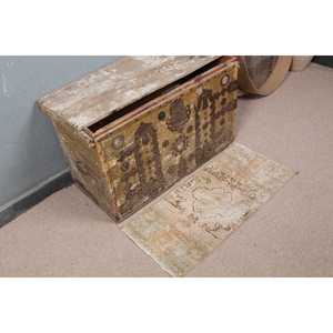 1.2x2.6 ft Rug, Turkish Vintage Rug, <b>Brown</b> Beige Check <b>Wool</b> Rug - Product Image 1