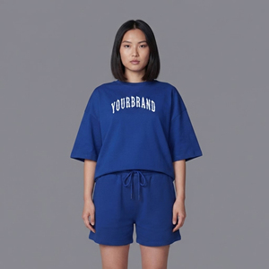 Conjunto de 2 Piezas para Mujer, 100% Algodón, por Encima de la Rodilla, Color Sólido, con Logotipo Personalizado Serigrafiado, Hombros Caídos, Talla Grande, OEM/ODM - Product Image 1